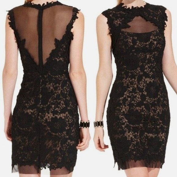 Betsy & Adam Black/Gilded Gold Illusion Two-tone lace cocktail dress, Size 6
